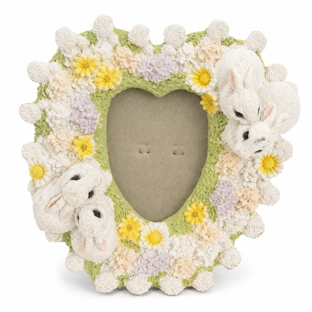Fancy Frames Bunny Garden II Heart Picture Frame White Rabbit Floral 5x5 Excelle
